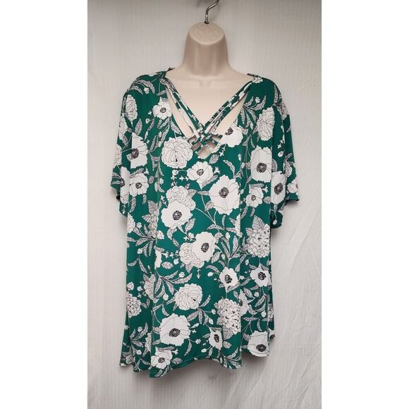 CATO EST 1946 V-Neck Short Sleeve 3D Floral Tunic Green/White Blouse 26/28W - Picture 3 of 7